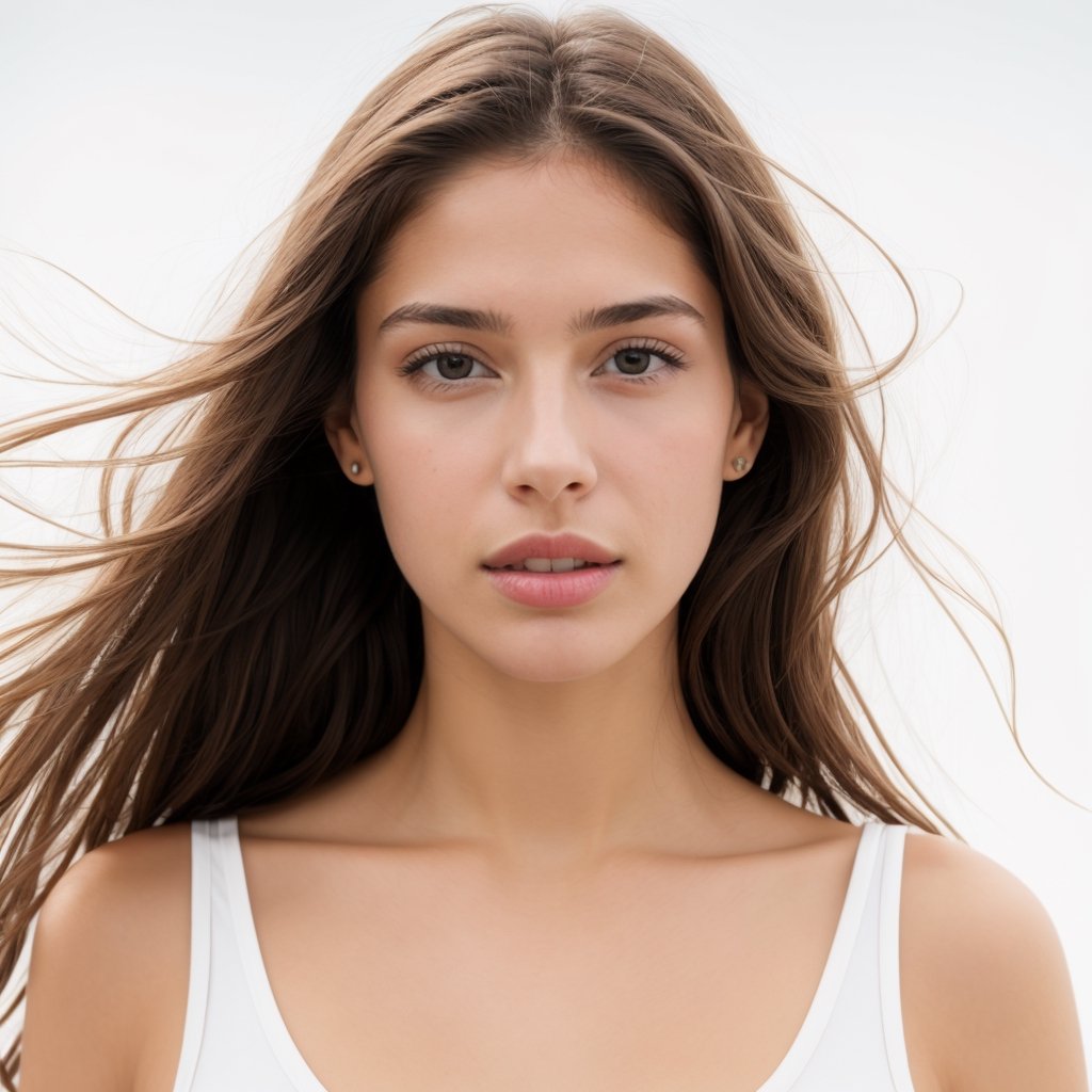 hyperrealistic style, photography, ultrarealistic, masterpiece, 4k, high quality, raw photo, photografic quality, realistic lighting, coherent lighting, 2/3 photographic rule, a realistic closeup portrait of (Pamela Diaz:1.2), a young, slim and beautiful argentinian girl, natural appearance, natural expression, brunette, straight hair, 25-years-old, brown eyes, looking at front, (over white plaine background:1.5), photorealistic,