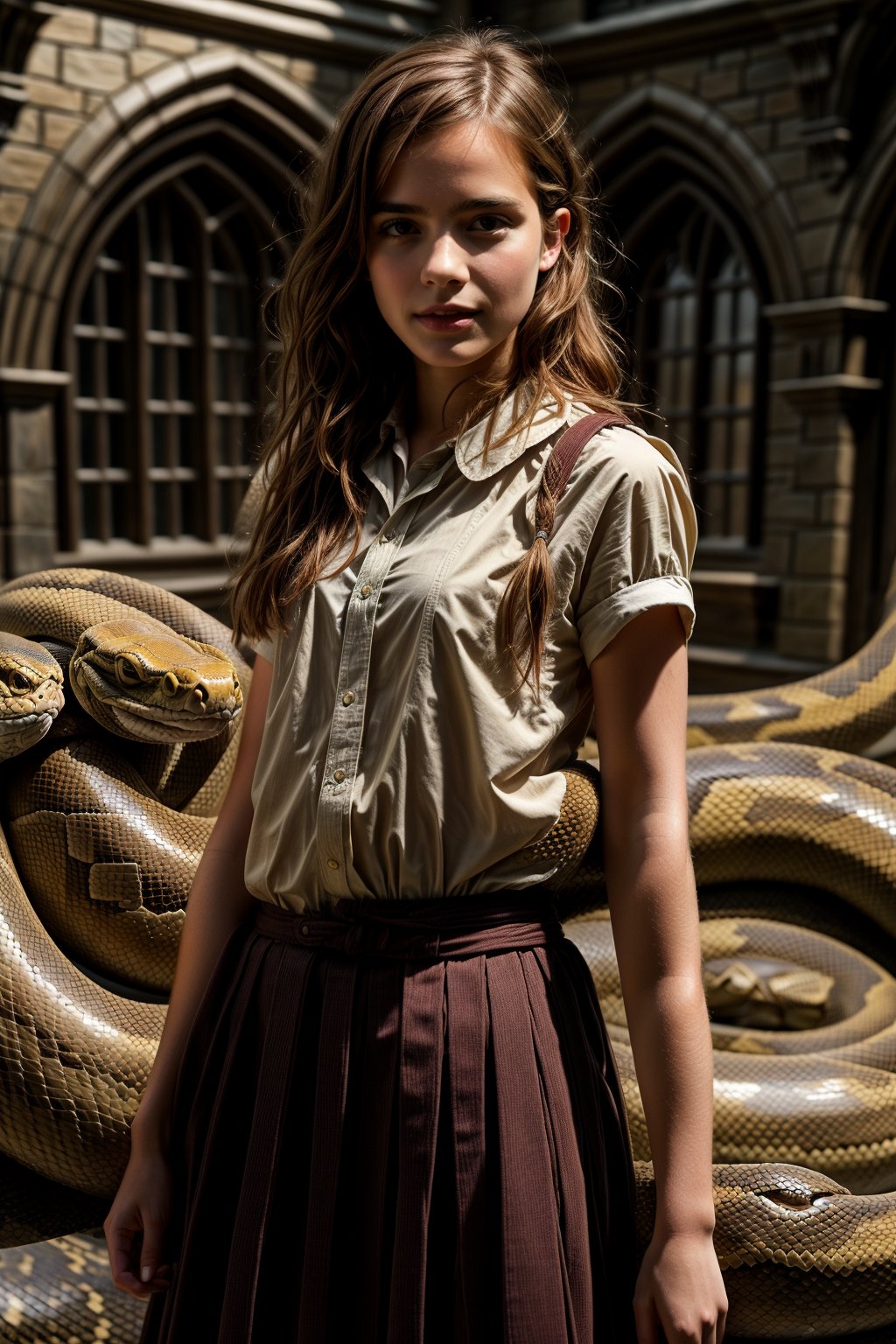 ((hyperrealistic style, photography, ultrarealistic, masterpiece, 4k, high quality, raw photo, photografic quality, realistic lighting, coherent lighting, 2/3 photographic rule)), a realistic full body photo of (Emma Watson:1.2), a young, slim and beautiful  woman, natural appearance, natural expression, BREAK, (wearing school uniforms:1.2), BREAK, (on Hogwarts sorounded by a big snake:1.4), (((photorealistic, fantastic, realistic)))