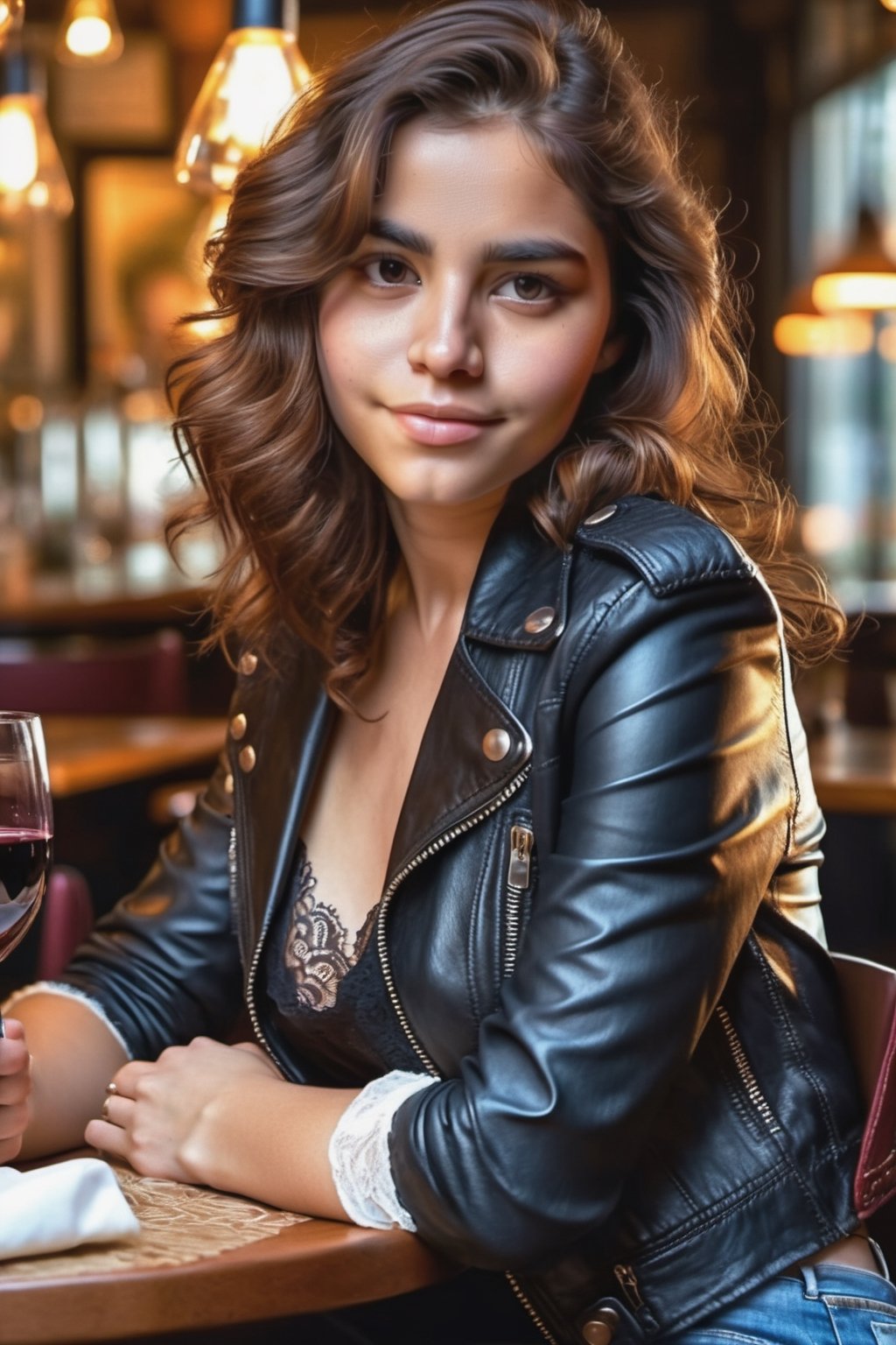 a realistic photo of Florencia Genaro, a 25-year-old girl with wavy brown hair, perky natural breasts, natural expression, and detailed skin texture, dressed in a lace bustier, leather jacket, jeans, and low-top boots, dining at a restaurant, detailed background overhead light, (masterpiece, 4k, high quality, raw photo, photografic quality, realistic lighting, 2/3 photographic rule)