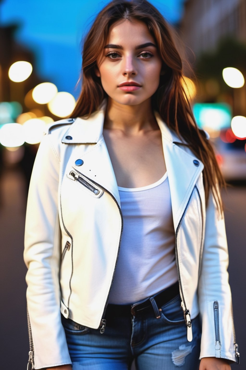 a realistic photo of (Florencia Genaro), a 30-year-old Argentine girl with straight brown hair, perky natural breasts, natural expression, little makeup and detailed skin texture, dressed with t-shirt  white leather jacket jeans and short boots, posing for the photo in a city street at night, overhead light, (masterpiece, 4k, high quality, raw photo, photografic quality, realistic lighting, 2/3 photographic rule)