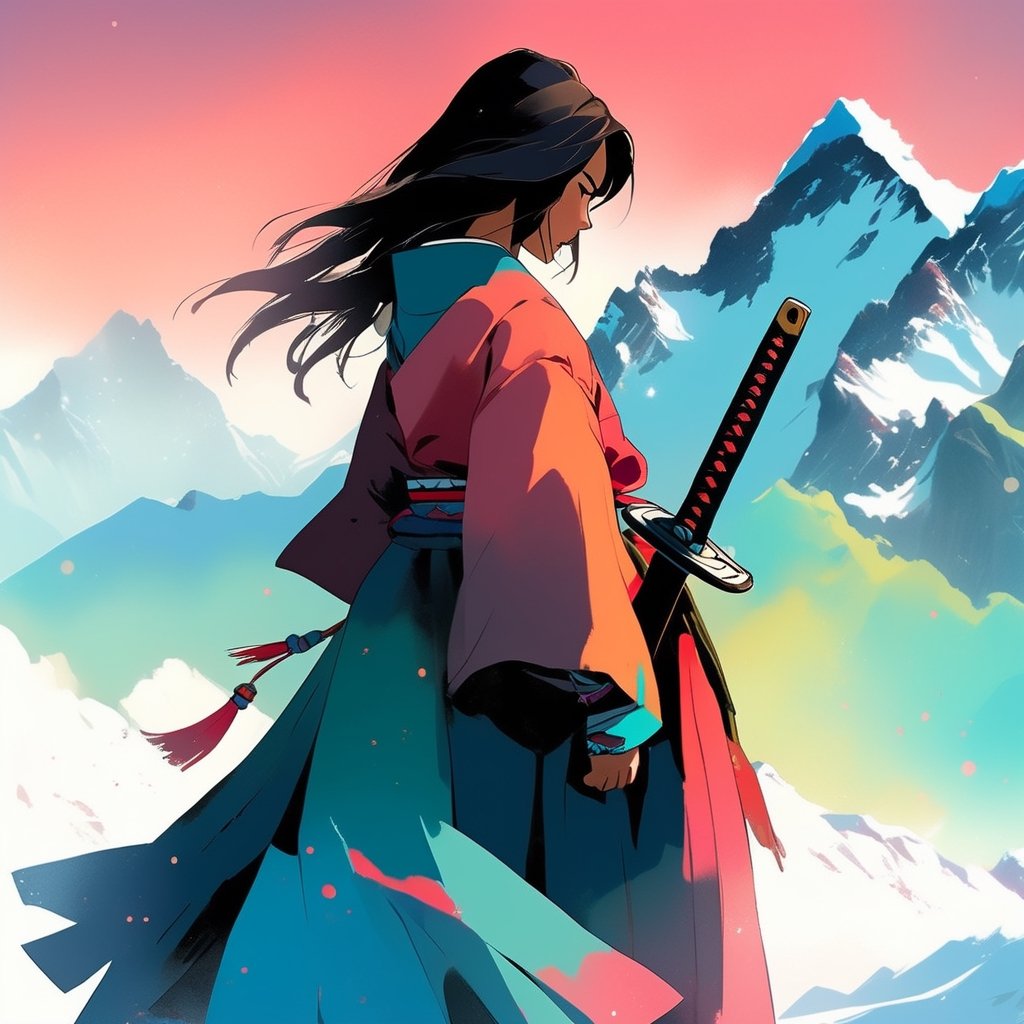 A minimalist design with a vintage touch, featuring a cool, beautiful and stylish anime a female samurai clothes silhouette in faded, camera from the back, awesome and bright colors. holding a sword on right hand, long hair, dynamic pose, beautiful cute and skins woman with long leg, full body, wearing trandition dress, A giant snow Mt.Everest mountain with a cave in tibet, a beautiful sunset sky with crazy auroras, vivid colors, ultra-detailed, best quality, absurdres, masterpiece