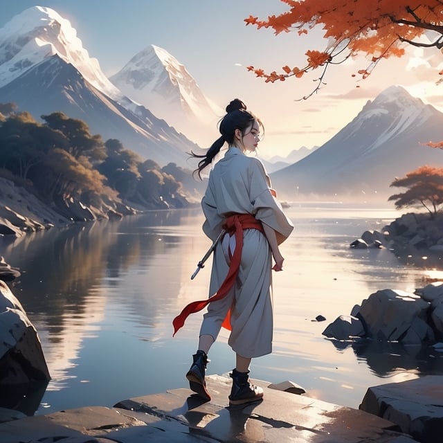 A minimalist design with a vintage touch, featuring a cool, beautiful and stylish anime a male with samurai looking clothes silhouette in faded, sword made by ice , full body, camera from the back, awesome and bright colors. , bonde hair, dynamic pose, handsome cute and skins man with long leg, wearing trandition dress, A giant snow Mt.Everest mountain with a cave in tibet, a beautiful sunset sky with crazy auroras, vivid colors, ultra-detailed, best quality, absurdres, masterpiece