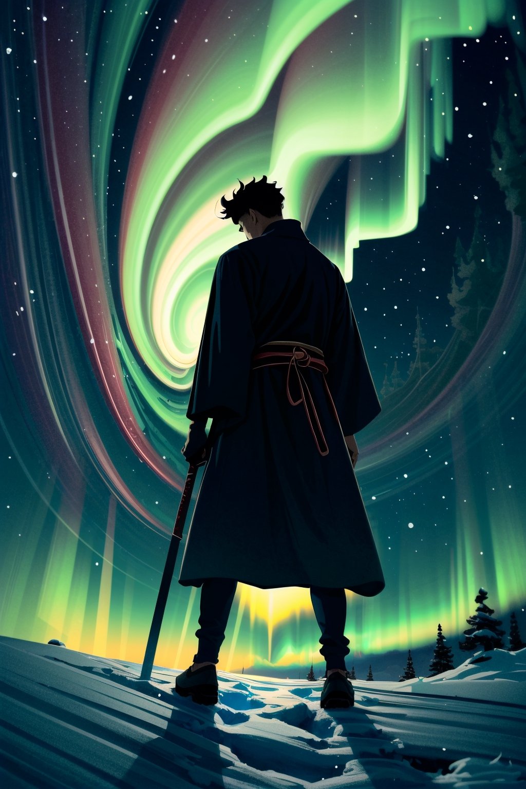 A minimalist design with a vintage touch, featuring a cool, beautiful and stylish anime a male with samurai looking clothes silhouette in faded, full body, camera from the back, awesome and bright colors. , very long hair ,holding a long sword, with blindfold, dynamic pose, handsome cute and skins man with long leg, wearing trandition dress, A giant snow Mt.Everest mountain with a cave in tibet, a beautiful sunset sky with crazy auroras, vivid colors, ultra-detailed, best quality, absurdres, masterpiece