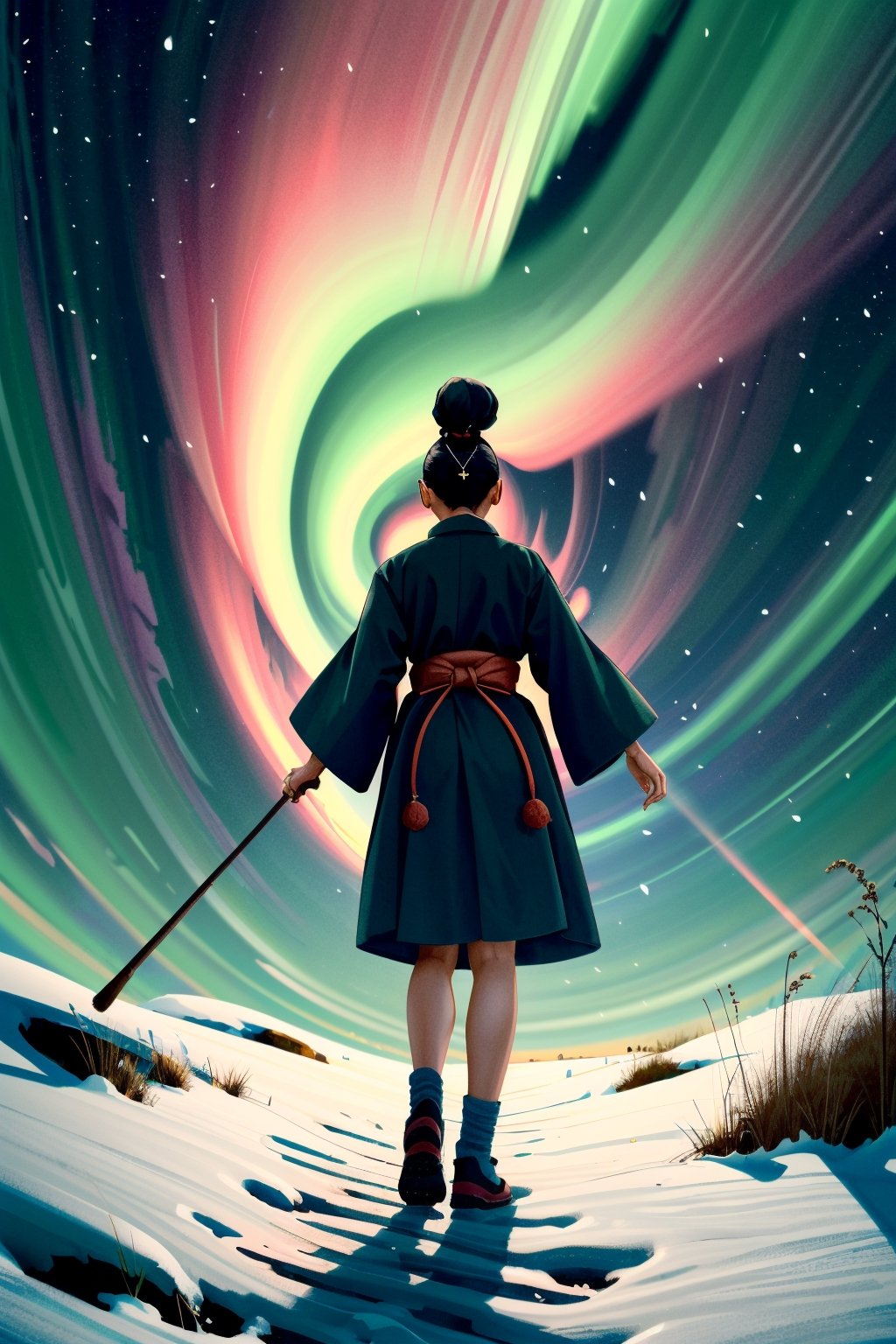 A minimalist design with a vintage touch, featuring a cool, beautiful and stylish anime a female with samurai clothes silhouette in faded, full body, holding a long grasses on right hand, camera from the back, awesome and bright colors. , short hair with bun, 20 big leaves flying around her body, dynamic pose, beautiful cute and skins woman with long leg, ,wearing trandition dress, A giant snow Mt.Everest mountain with a cave in tibet, a beautiful sunset sky with crazy auroras, vivid colors, ultra-detailed, best quality, absurdres, masterpiece