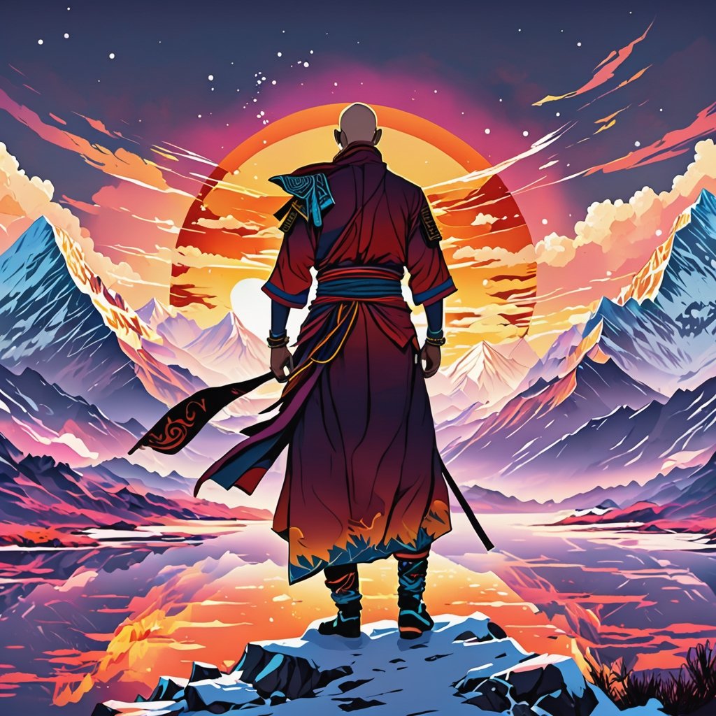 A minimalist design with a vintage touch, featuring a cool, beautiful and stylish anime a male with samurai looking clothes silhouette in faded, fire on his hands , full body, camera from the back, awesome and bright colors. , bald, dynamic pose, handsome cute and skins man with long leg, wearing trandition dress, A giant snow Mt.Everest mountain with a cave in tibet, a beautiful sunset sky with crazy auroras, vivid colors, ultra-detailed, best quality, absurdres, masterpiece