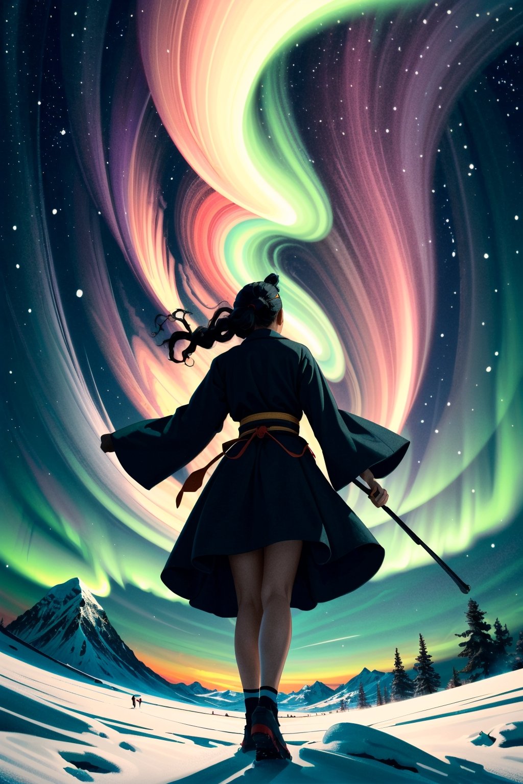 A minimalist design with a vintage touch, featuring a cool, beautiful and stylish anime a female with samurai clothes silhouette in faded, full body, a 50% transparent circle on middle top of the picture showing a copy of this picture, camera from the back, awesome and bright colors. , very long hair, dynamic pose, beautiful cute and skins woman with long leg, ,wearing trandition dress, A giant snow Mt.Everest mountain with a cave in tibet, a beautiful sunset sky with crazy auroras, vivid colors, ultra-detailed, best quality, absurdres, masterpiece