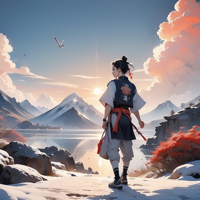 A minimalist design with a vintage touch, featuring a cool, beautiful and stylish anime a male with samurai looking clothes silhouette in faded, sword made by ice , full body, camera from the back, awesome and bright colors. , bonde hair, dynamic pose, handsome cute and skins man with long leg, wearing trandition dress, A giant snow Mt.Everest mountain with a cave in tibet, a beautiful sunset sky with crazy auroras, vivid colors, ultra-detailed, best quality, absurdres, masterpiece