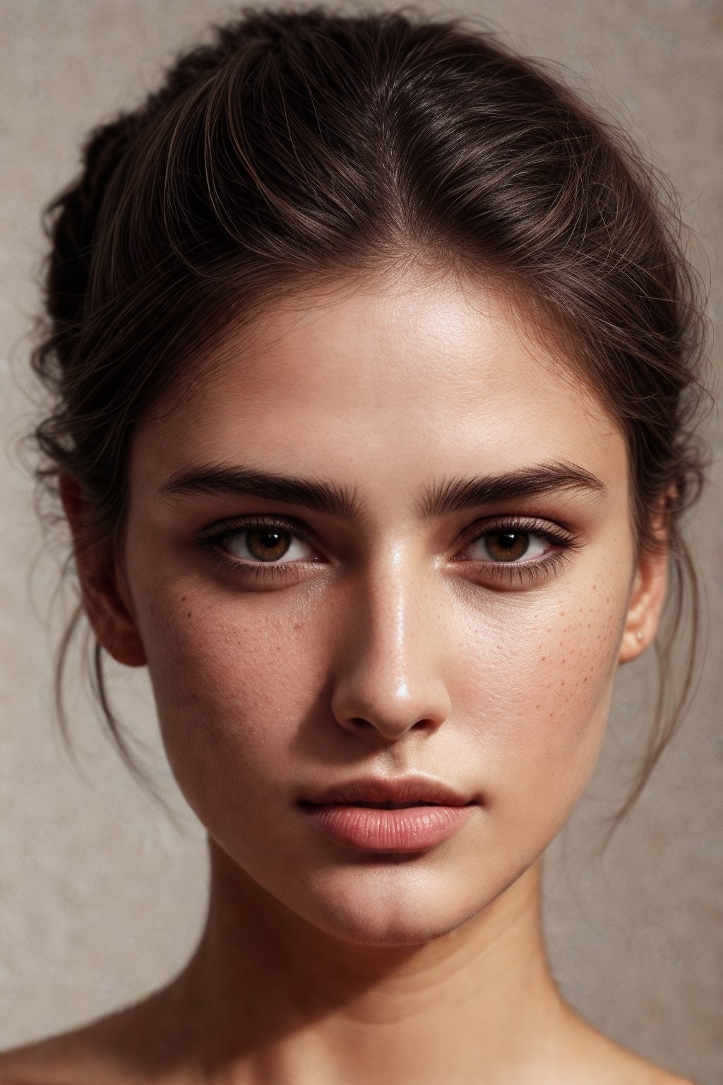 Portrait photo, rule of thirds, good lighting, clear face (hair tied, root hair slightly faded, pores, female facial hair), detailed face, detailed nose, detailed lips, woman naked, (very light moles faded, brown eyes, spanish), influencer, smirk, intricate background
, no makeup, realism,realistic,raw,analog,woman,portrait,photorealistic,analog,realism, instagram.