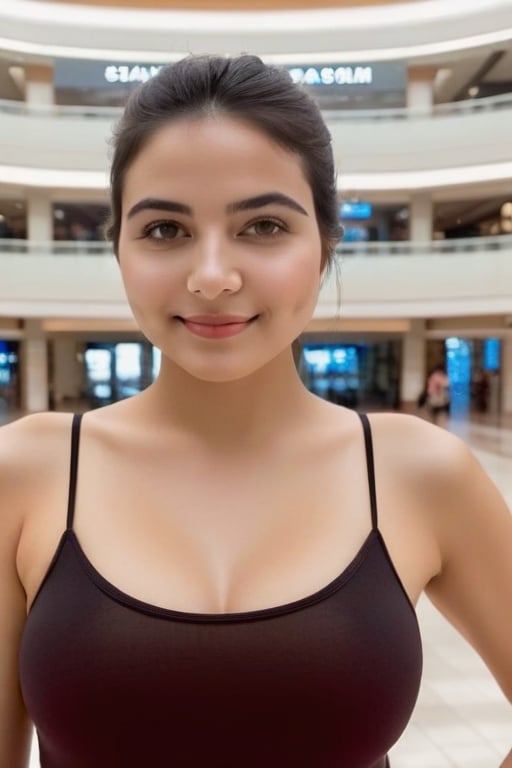 Selfie of a woman,thin and transparent tank top, big boobs, indoor mall background, natural lighting, film grain, low contrast, detailed, high res, 8K UHD, ultra wide shot