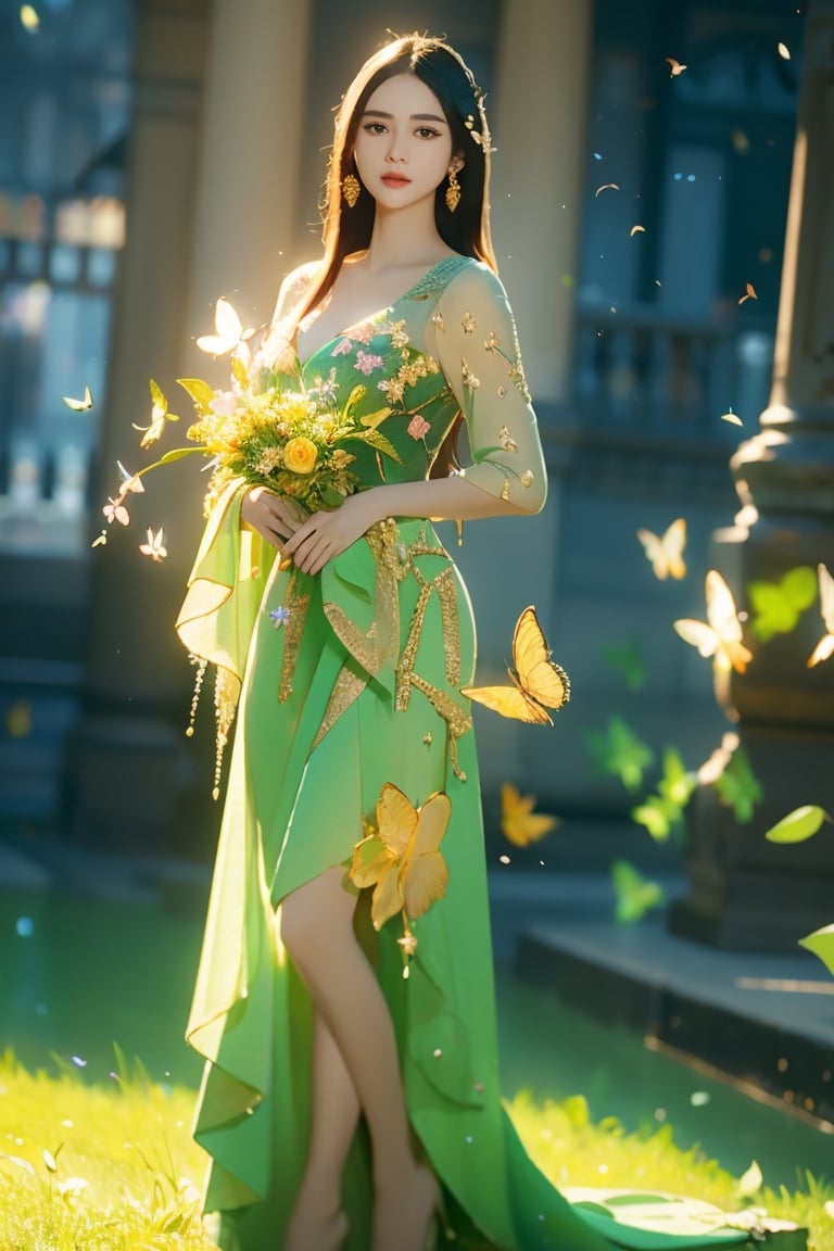 1girl,realistic photo,full body,beautiful art,detailed face,beautiful dress,floral dress,green dress, royal dress,high detail,cinematic, stunning, hyper-realistic, sharp focus, realistic lighting, high resolution 8k, insanely detailed,butterflie,fireflies,More Detail, aur4