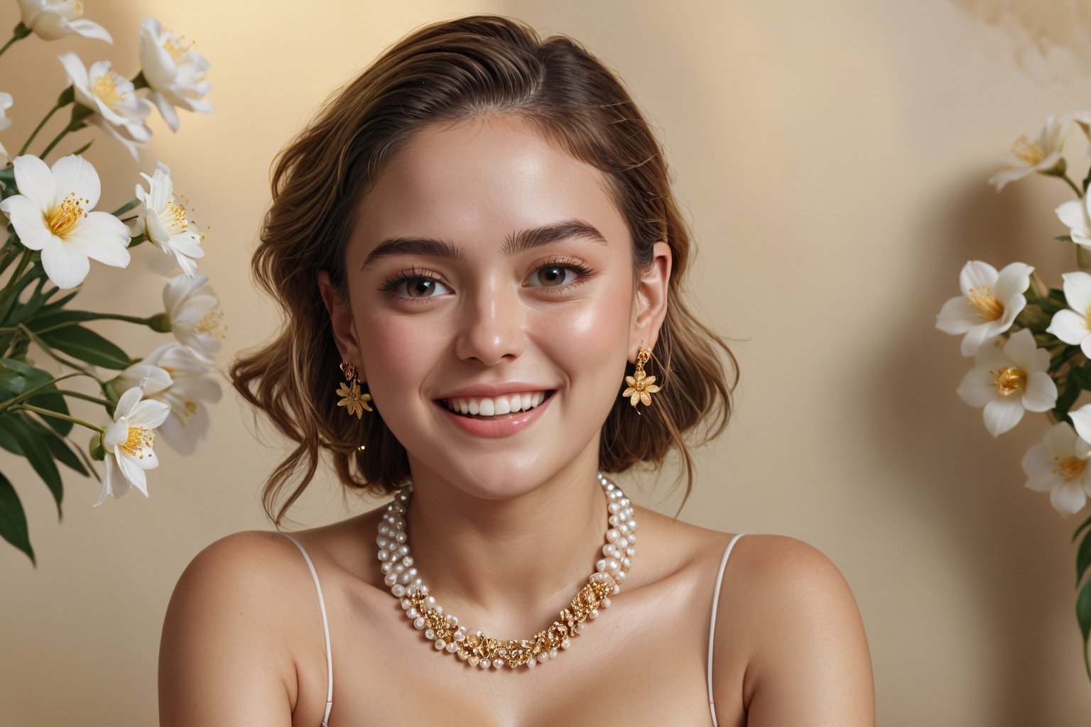 (best quality, masterpiece, ultra detailed, 8K, RAW photo), young English woman, 25,  pretty, highly detailed cute face, sitting,
 laughing, realisitc flower and pearl necklace, golden hoop earrings, illustrated background, well lit background,
 golden hour, natural lighting, hyper detailed, detailed,sharp focus, photo, highly detailed,
detailmaster2,more saturation, ( big breasts 1.2), (detailed eyes 1.2),naked ,slutty,