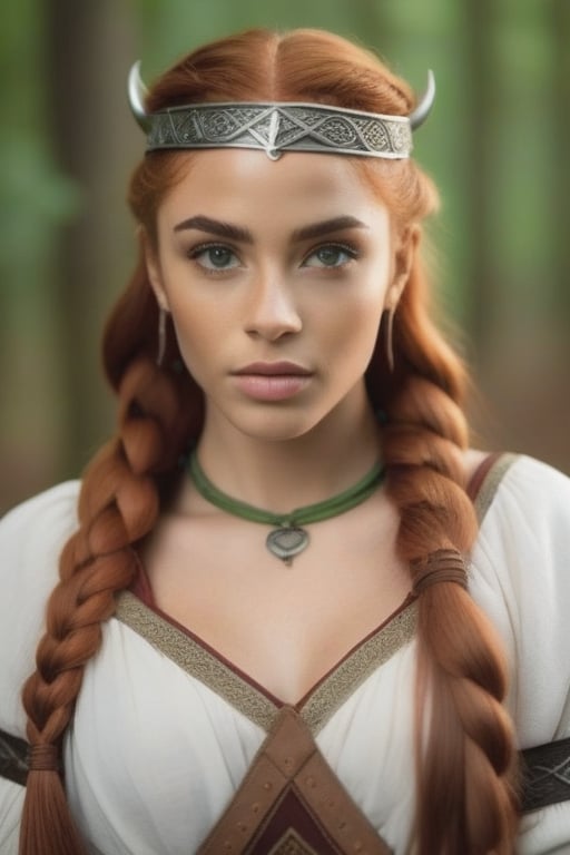 red-haired woman, long braided hair, green eyes, light skin, slim beautiful face with feminine Arab features, wearing Viking outfit in the middle of the forest