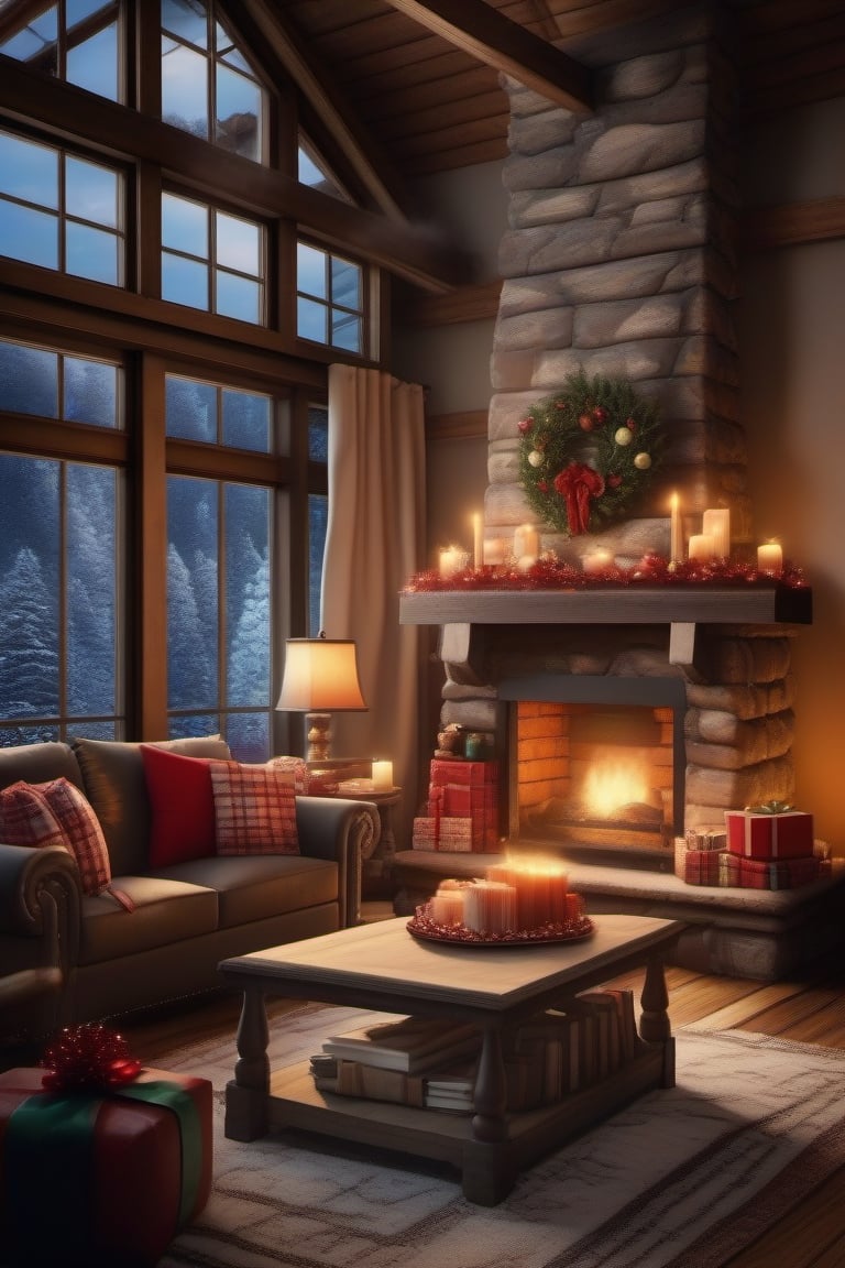 (Masterpiece, high quality, Best quality, Official Art, Beauty and Aesthetics:1.2) living room of a cabin in front of the chimney Christmas decorations throughout the room, center table in front of the fireplace with 2 mug type cups of hot chocolate, you can see the smoke of chocolate leaving the cups, a festive atmosphere and festive atmosphere and warm light waiting for the arrival of the New Year