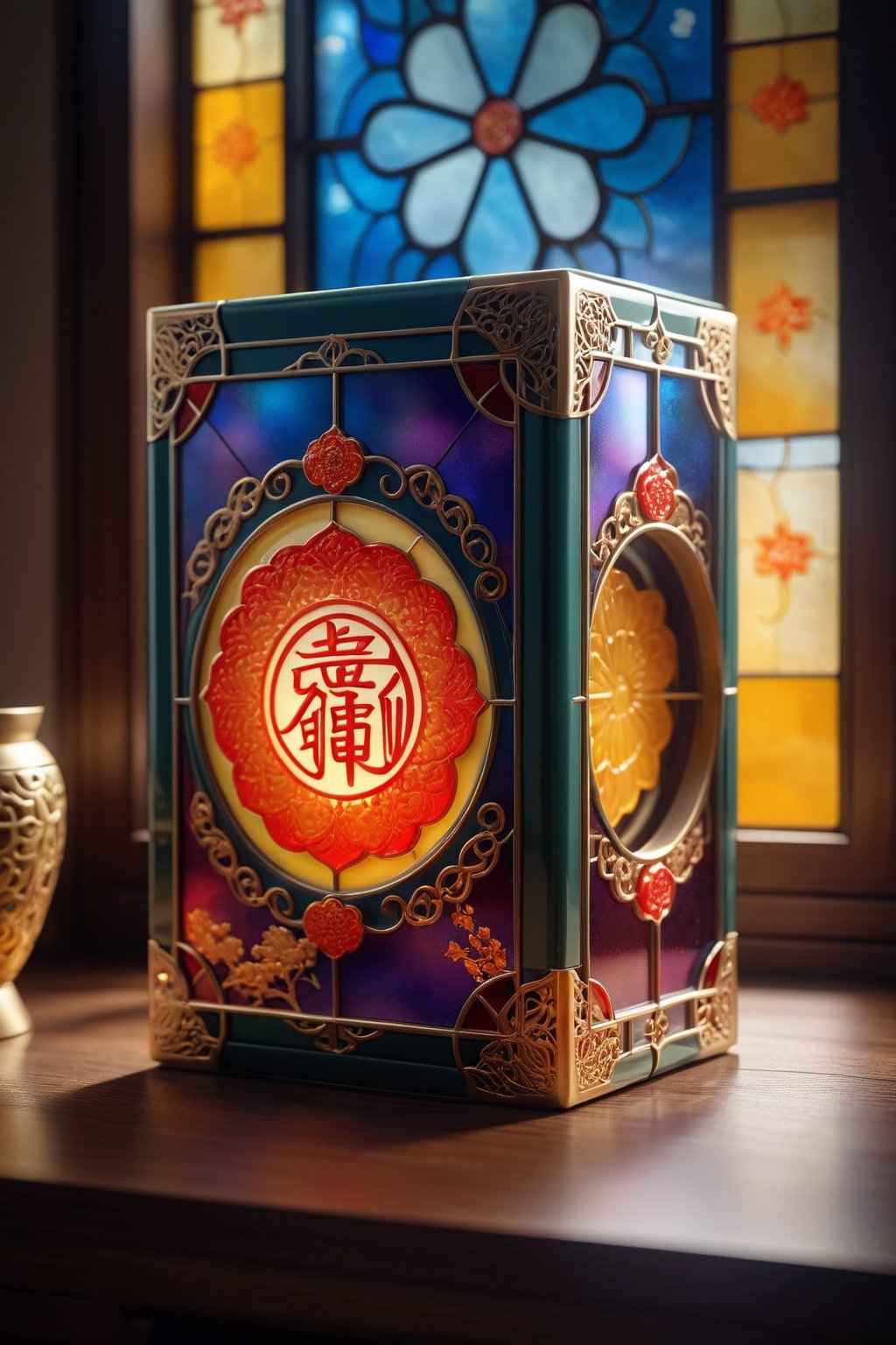 i want to see a exquisite mooncake packaging box,  it is rectangular,  small area hollowed out,  embedded in stained glass,  Hot stamping process,  energetic,  exquisite craftsmanship,  Super Fine,  Best Lighting,  key visuals,  placed on modern Chinese furniture,  atmospheric,  highly realistic, ultra Quality ray tracing