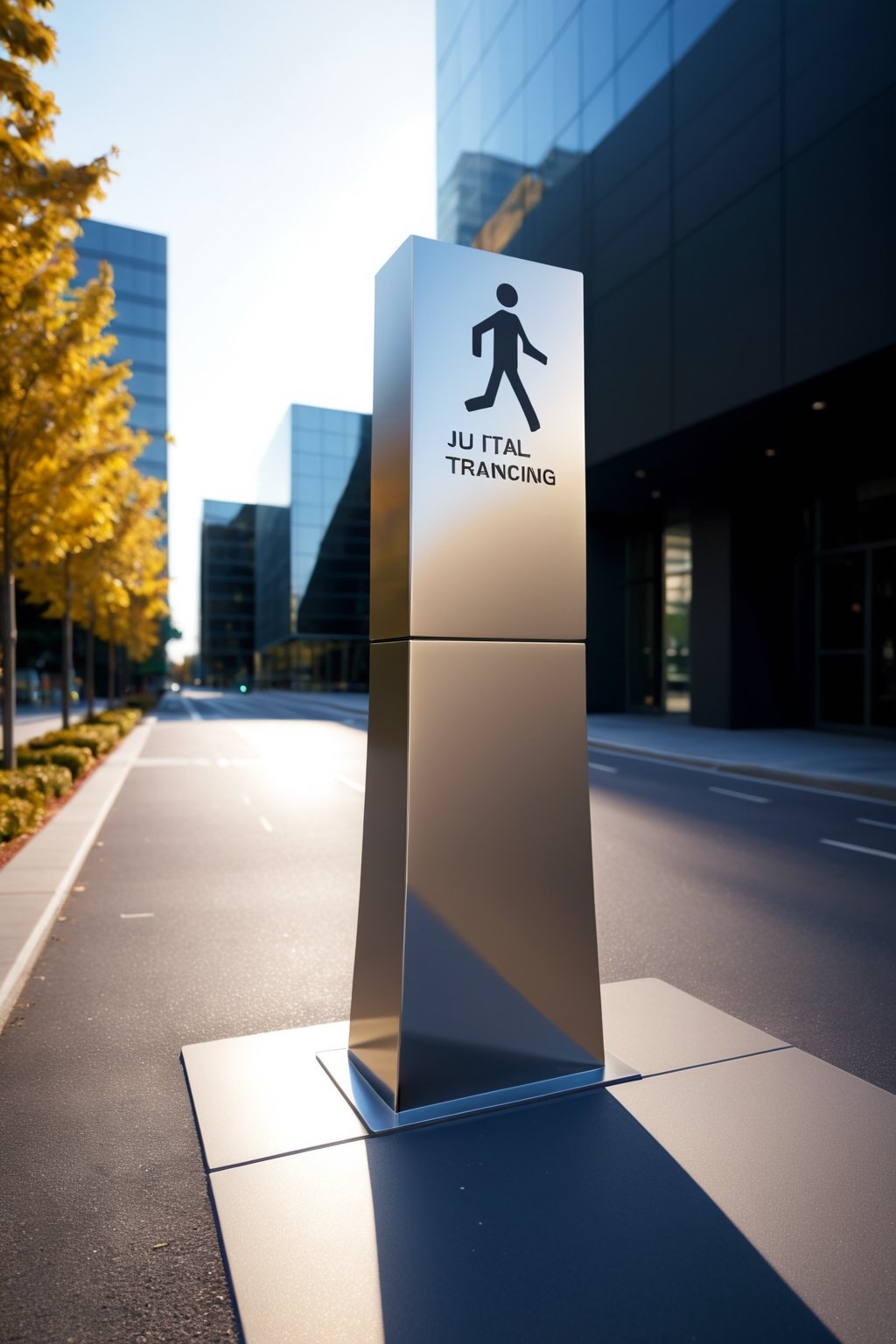 i want to see a wayfinding signs standing on the ground, it is roughly a rectangular parallelepiped, there are three-dimensional metal characters on it, that is Elegant shape, huge, energetic, vitalist, metallic, Super Fine, Best Lighting, (Outdoors, office building),  key visuals,  atmospheric,  highly realistic, ultra Quality ray tracing, Super details, Exquisite workmanship