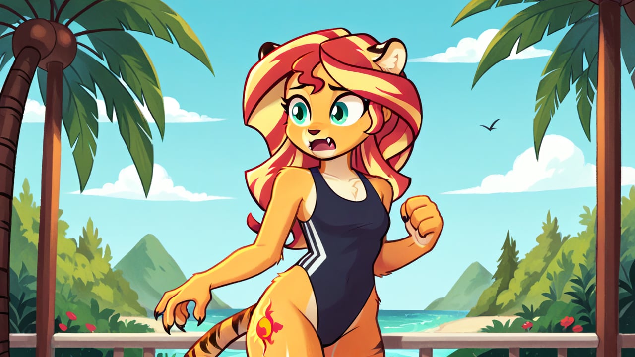  by scorpdk, scorpdk, score_9, score_8_up, score_7_up, score_6_up, score_5_up, score_4_up, source_furry, source_pony, rating_R, pony my little pony, equestria girls, 

Sunset shimmer as a tiger girl, tiger stripes, furry body, Fuzzy, furry, anthro, Tiger striped swimsuit,  claws, fangs, worried, tiger tail, tiger stripes, furry body, 

female_solo
