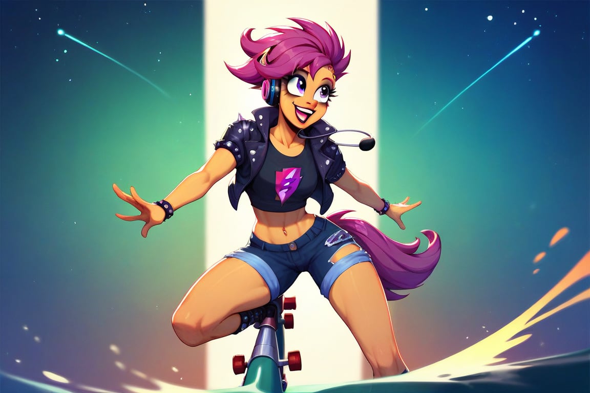 Prompt: Score_9, Score_8_up, Score_7_up, Score_6_up, Score_5_up, Score_4_up, source_cartoon, my little pony, 


scootaloo_(mlp), riding a skooter,



, wearing headphones, starry_background, spinning, MLP, human girl. Punk clothing.  mlp cartoon art.  pony ears, bright eye makeup looks.  Black clothes, Be1nn1e, black_Lipstick, lips, punk clothing, happy looks,  dancing, 