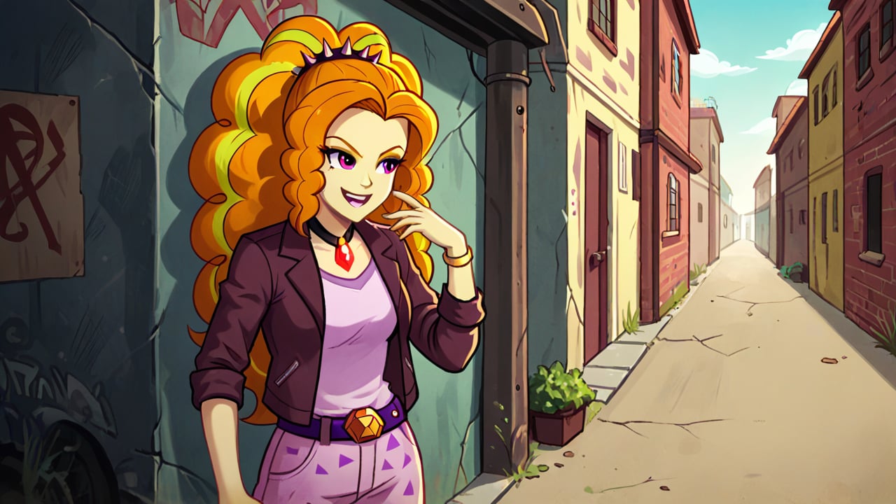  by scorpdk, scorpdk, score_9, score_8_up, score_7_up, score_6_up, score_5_up, score_4_up, source_furry, source_pony, rating_safe, humanized, equestria girls,  female, 

Adagio Dazzle,

sneaking in a dark alley, 

alley background, 
glowing, parked car, 
solo, 1girl, smile,   perfect hand,


Adagio laughing, 