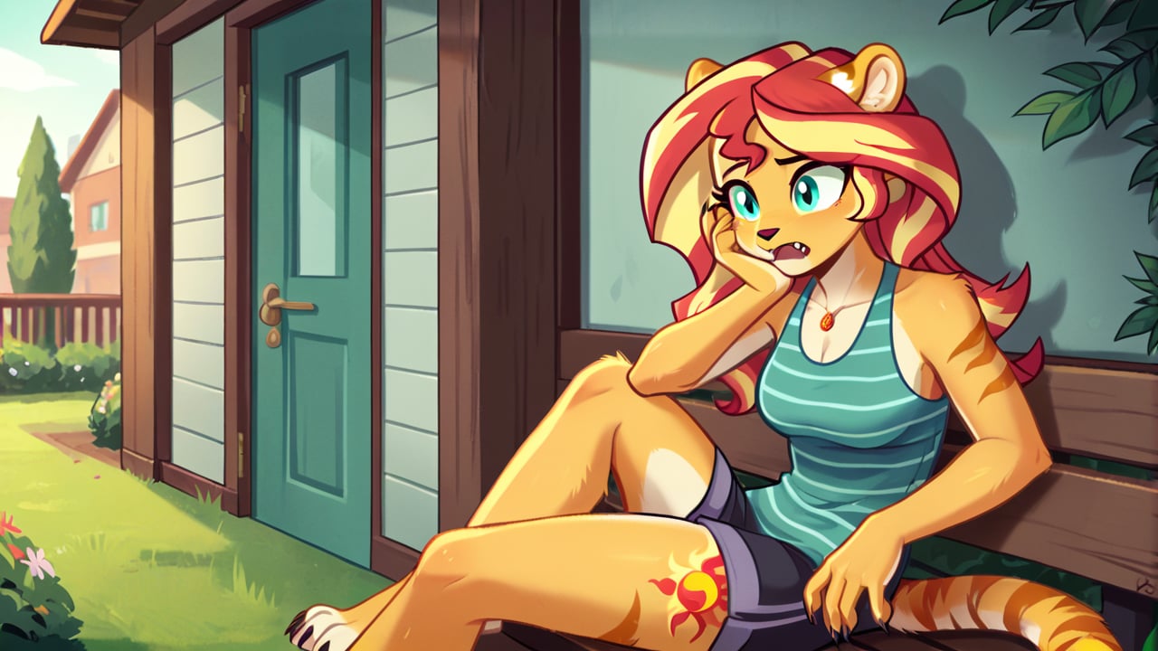  by scorpdk, scorpdk, score_9, score_8_up, score_7_up, score_6_up, score_5_up, score_4_up, source_furry, source_pony, rating_R, pony my little pony, equestria girls, 

Sunset shimmer as a tiger girl, tiger stripes, furry body, Fuzzy, furry, anthro, Tiger striped swimsuit,  claws, fangs, worried, tiger tail, tiger stripes, furry body, 

female_solo
