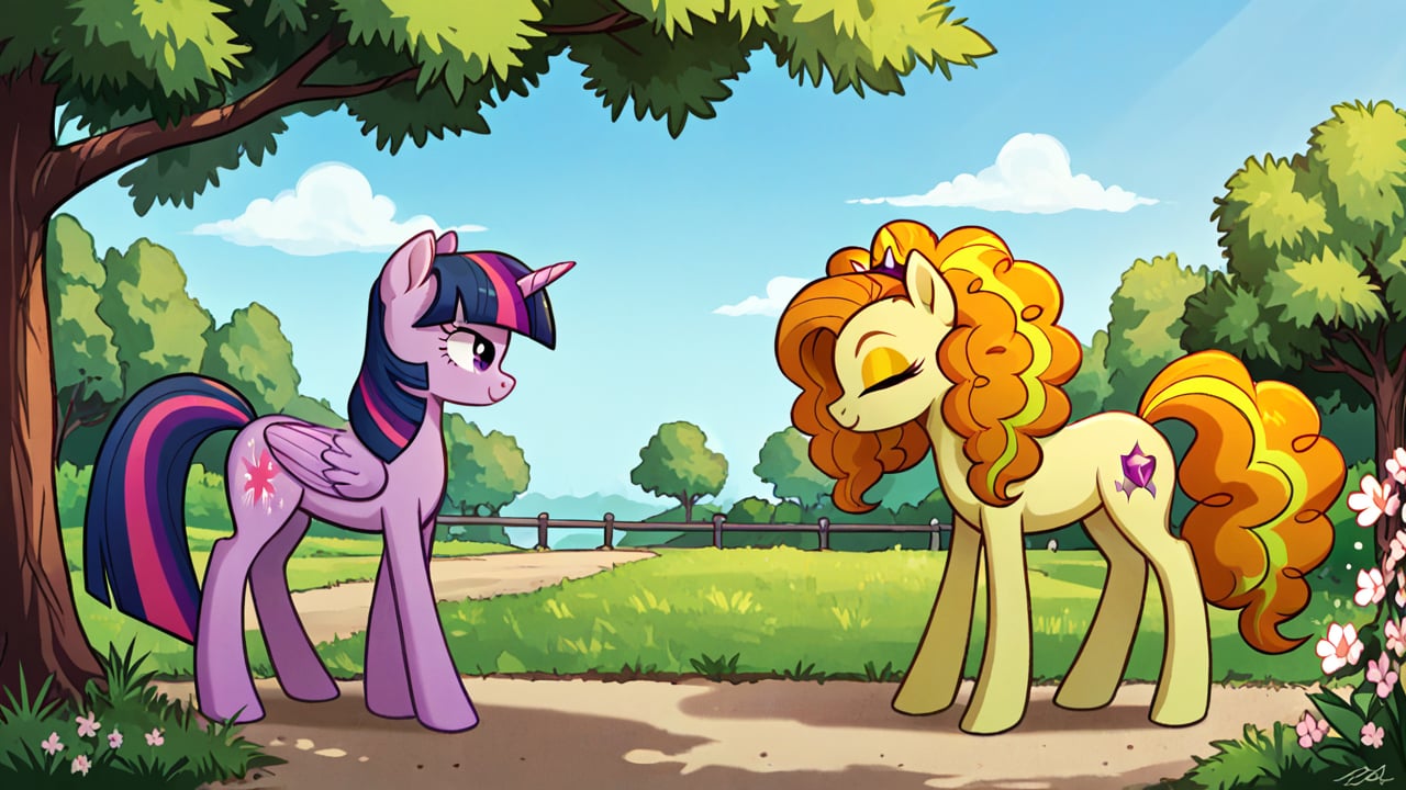  by scorpdk, scorpdk, score_9, score_8_up, score_7_up, score_6_up, score_5_up, score_4_up, source_furry, source_pony, rating_safe, pony my little pony


pony adagio_dazzle, 
pony twilight_sparkle, 
standing on all 4s, 

park background, 


duo, 2girly,   

kissing, 

