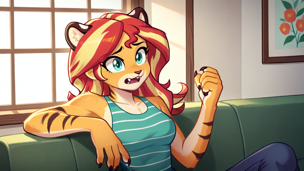  by scorpdk, scorpdk, score_9, score_8_up, score_7_up, score_6_up, score_5_up, score_4_up, source_furry, source_pony, rating_R, pony my little pony, equestria girls, 

Sunset shimmer as a tiger girl, tiger stripes, furry body, Fuzzy, furry, anthro, Tiger striped swimsuit,  claws, fangs, worried, tiger tail, tiger stripes, furry body, 

female_solo
