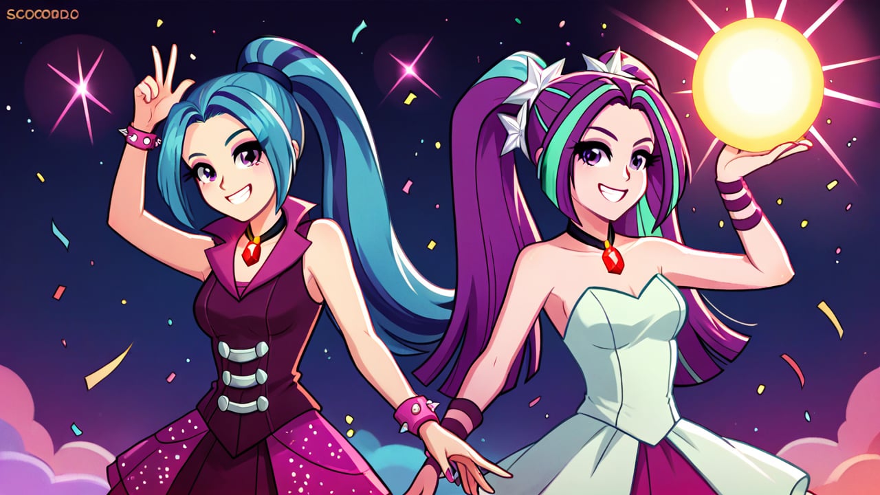  by scorpdk, scorpdk, score_9, score_8_up, score_7_up, score_6_up, score_5_up, score_4_up, source_furry, source_pony, rating_safe, humanized, equestria girls,  female, 

aria blaze,
sonata dusk, 

disco background, 
dancing, 

duo, 2girl, smile,   perfect hand,

disco lights, confetti, 
