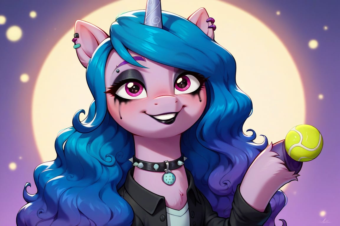 Prompt: Score_9, Score_8_up, Score_7_up, Score_6_up, Score_5_up, Score_4_up, source_cartoon,  

 MLP,  izzy_moonbow, my_little_pony, tennis_ball_on_horn,


 bright eye makeup looks. Be1nn1e, black_Lipstick, lips, one pony (mid body shot:0.9),  human woman,  Goth clothing, goth makeup, black makeup,  