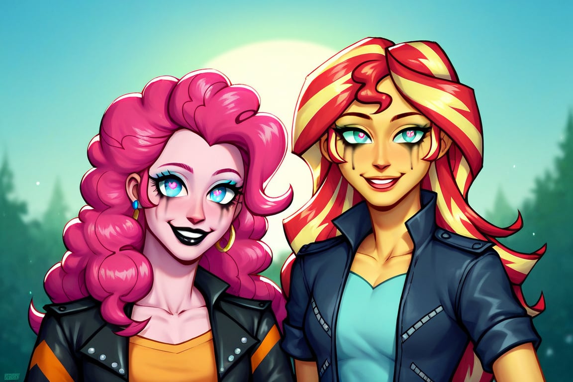 Prompt: Score_9, Score_8_up, Score_7_up, Score_6_up, Score_5_up, Score_4_up, source_cartoon, equestria girls,


Sunset_Shimmer_MLP,
Pinkie_pie_MLP,

two human women,  mlp cartoon art.   bright eye makeup looks.  Be1nn1e, black_Lipstick, lips,  face shot,  two female, two human woman, high_resolution,  red_heart-shaped_pupils