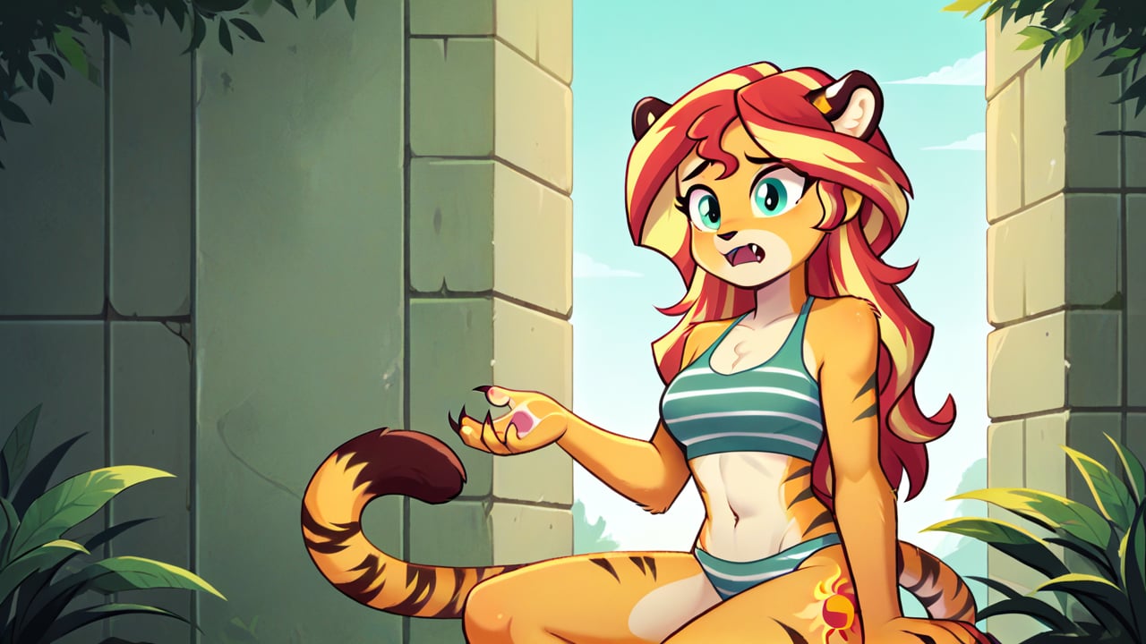  by scorpdk, scorpdk, score_9, score_8_up, score_7_up, score_6_up, score_5_up, score_4_up, source_furry, source_pony, rating_R, pony my little pony, equestria girls, 

Sunset shimmer as a tiger girl, tiger stripes, furry body, Fuzzy, furry, anthro, Tiger striped swimsuit,  claws, fangs, worried, tiger tail, tiger stripes, furry body, 

female_solo
