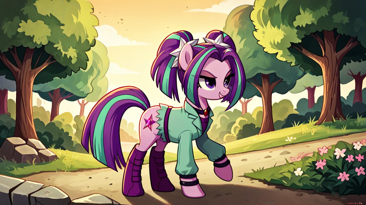  by scorpdk, scorpdk, score_9, score_8_up, score_7_up, score_6_up, score_5_up, score_4_up, source_furry, source_pony, rating_safe, pony my little pony


pony aria_blaze, 

standing on all 4s, clothed

park background, 


solo, 1girly, emotonless,   perfect hand,

