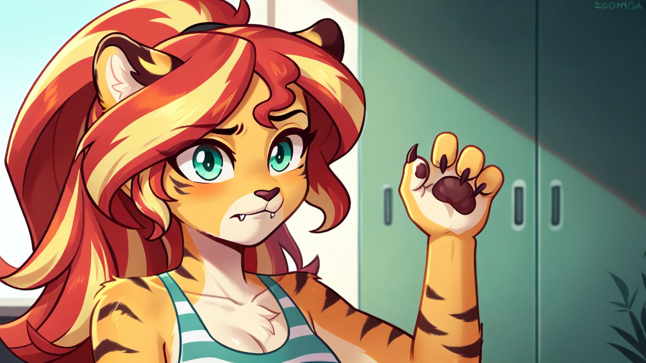  by scorpdk, scorpdk, score_9, score_8_up, score_7_up, score_6_up, score_5_up, score_4_up, source_furry, source_pony, rating_R, pony my little pony, equestria girls, 

Sunset shimmer as a tiger girl, tiger stripes, furry body, Fuzzy, furry, anthro, Tiger striped swimsuit,  claws, fangs, worried, tiger tail, tiger stripes, furry body, 

female_solo
