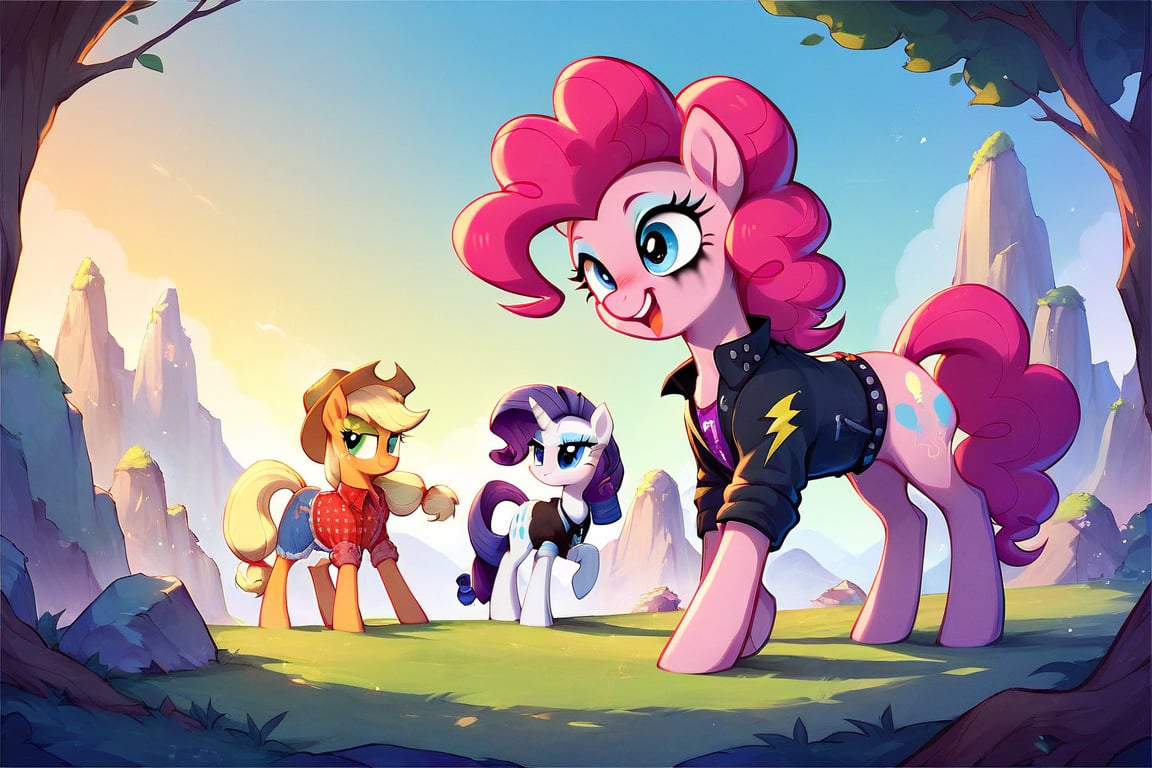 Prompt: Score_9, Score_8_up, Score_7_up, Score_6_up, Score_5_up, Score_4_up, source_cartoon, my little pony, mane six,  rarity, rainbow dash, pinkie pie, applejack, Twilight sparkle and fluttershy, MLP, two human girls. rock and roll record. Punk clothing. mlp cartoon art. pony ears, bright eye makeup looks.  techno beats, techno lights, 