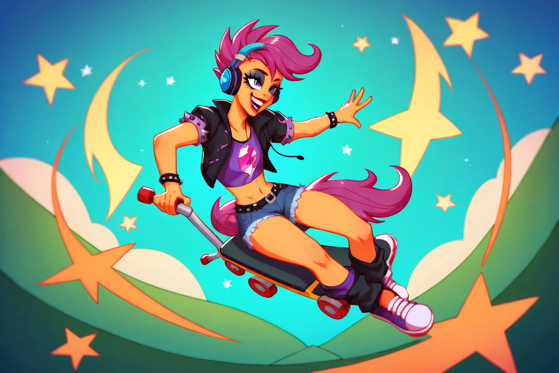 Prompt: Score_9, Score_8_up, Score_7_up, Score_6_up, Score_5_up, Score_4_up, source_cartoon, my little pony, 


scootaloo_(mlp), riding a skooter,



, wearing headphones, starry_background, spinning, MLP, human girl. Punk clothing.  mlp cartoon art.  pony ears, bright eye makeup looks.  Black clothes, Be1nn1e, black_Lipstick, lips, punk clothing, happy looks,  dancing, 