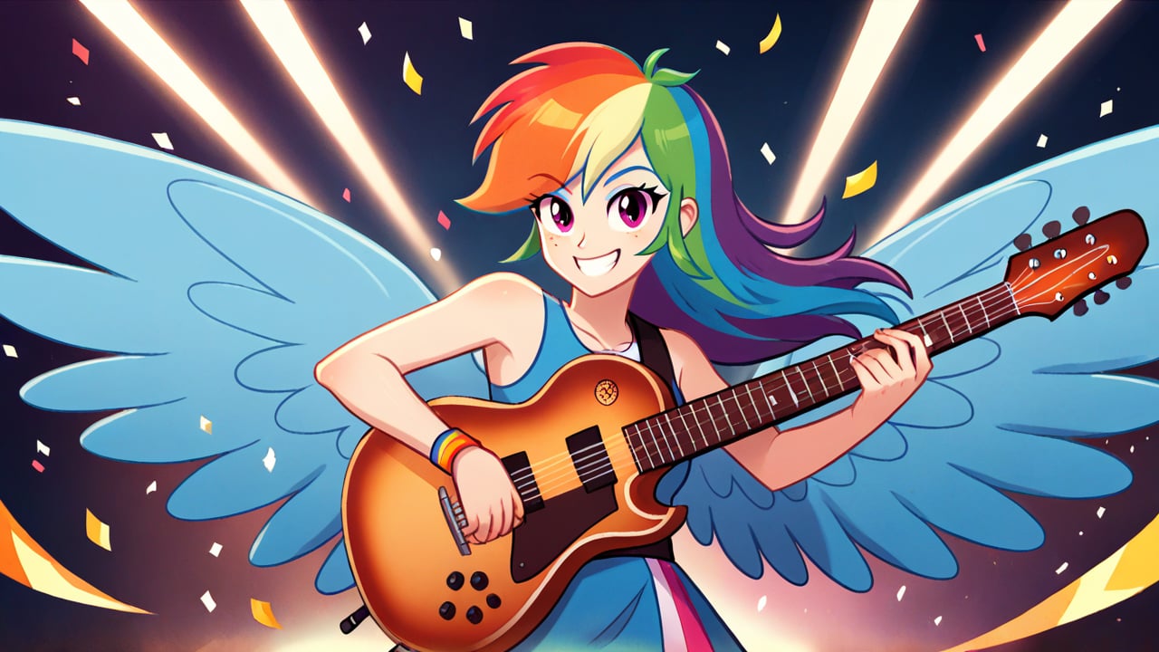  by scorpdk, scorpdk, score_9, score_8_up, score_7_up, score_6_up, score_5_up, score_4_up, source_furry, source_pony, rating_safe, humanized, equestria girls,  female, 

rainbow dash_mlp,
 


orchestra stage background, 
dancing, 
wearing rainbow gowns, 
solo, 1girl, smile,   perfect hand,

spot lights, confetti, guitar, 
