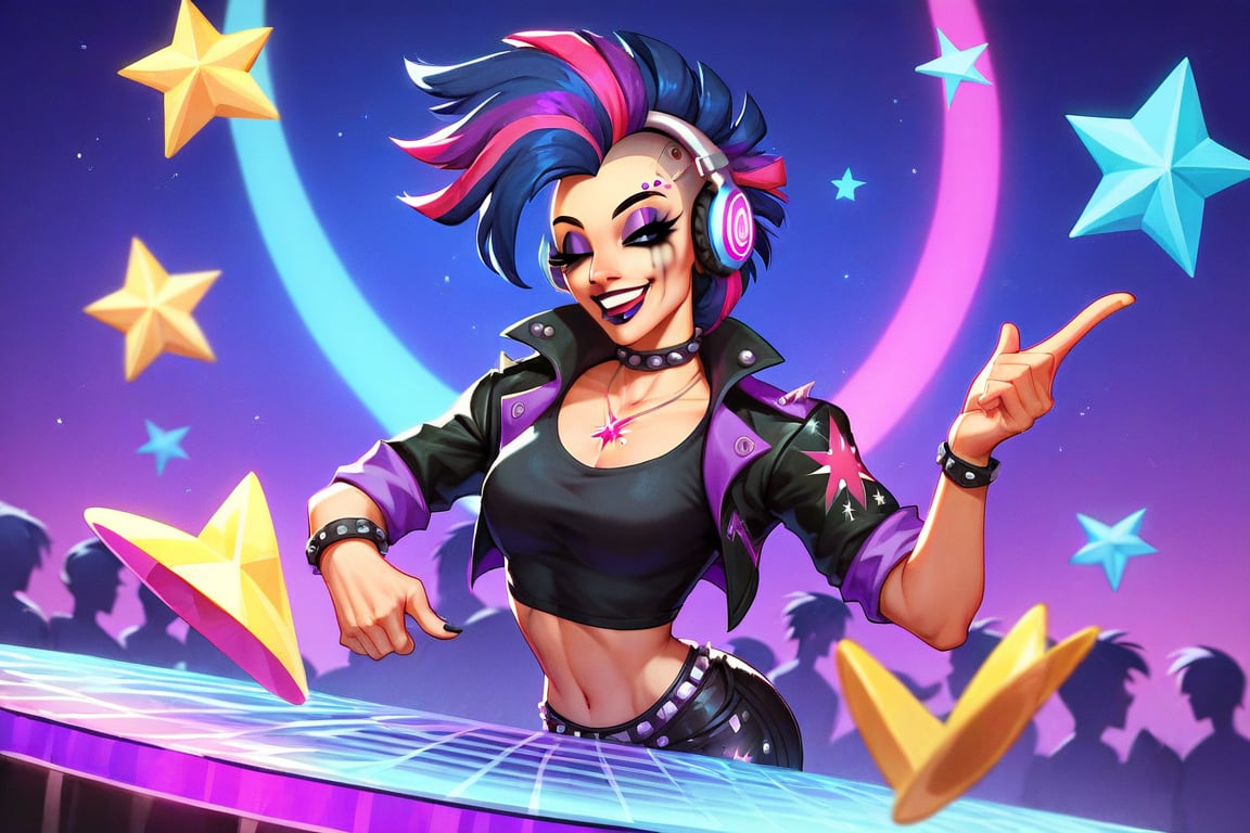 Prompt: Score_9, Score_8_up, Score_7_up, Score_6_up, Score_5_up, Score_4_up, source_cartoon, my little pony, 


Twilight_sparkle_(mlp), spinning DJ Club records,  wearing sunglasses, nightclub,



, wearing headphones, starry_background, spinning, MLP, human girl. Punk clothing.  mlp cartoon art.  pony ears, bright eye makeup looks.  Black clothes, Be1nn1e, black_Lipstick, lips, punk clothing, happy looks,  dancing, 