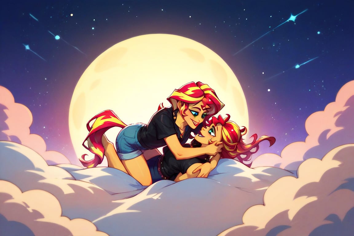 Prompt: Score_9, Score_8_up, Score_7_up, Score_6_up, Score_5_up, Score_4_up, source_cartoon, my little pony  , starry_background, spinning, twilght_sparkle_(mlp), Sunset_shimmer_MLP, human girl. Punk clothing.  mlp cartoon art.  pony ears, bright eye makeup looks.  Black clothes, Be1nn1e, black_Lipstick, lips, pony tail, full_body, females hugging and smiling