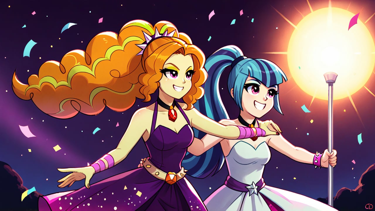  by scorpdk, scorpdk, score_9, score_8_up, score_7_up, score_6_up, score_5_up, score_4_up, source_furry, source_pony, rating_safe, humanized, equestria girls,  female, 

adagio dazzle,
aria blaze,
sonata dusk, 

disco background, 
dancing, 

duo, 2girl, smile,   perfect hand,

disco lights, confetti, 
