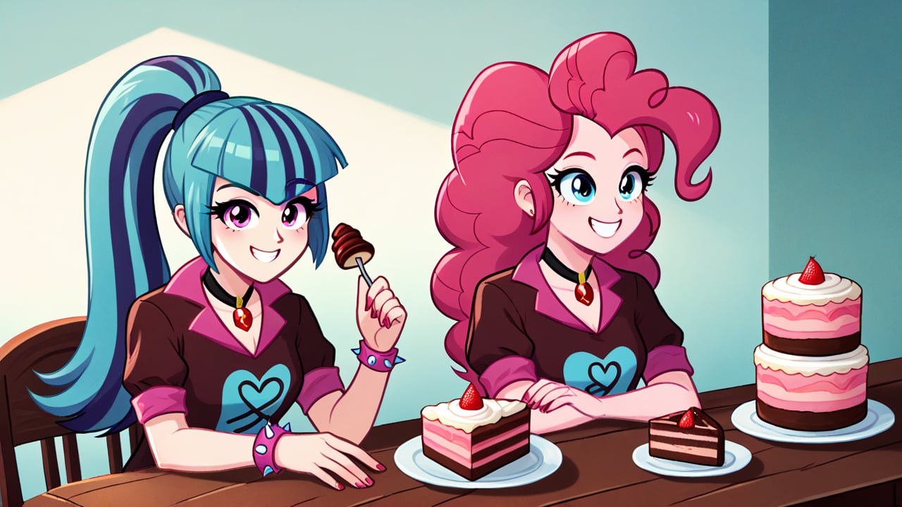  by scorpdk, scorpdk, score_9, score_8_up, score_7_up, score_6_up, score_5_up, score_4_up, source_furry, source_pony, rating_safe, humanized, equestria girls,  female, 

evil  pinkie_pie,
sonata dusk, 

bakery shop background, 


duo, 2girl, smile,   perfect hand,

cakes, confetty, 
