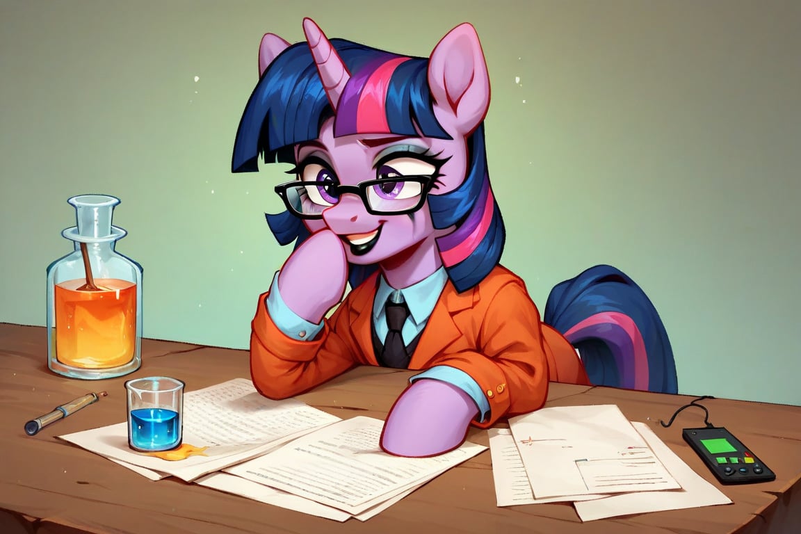 Prompt: Score_9, Score_8_up, Score_7_up, Score_6_up, Score_5_up, Score_4_up, source_cartoon, my little pony,  spinning, twilight_sparkle_MLP,  black_square_eyeglasses,  wearing nerdy outfit, mlp cartoon art.  pony ears, bright eye makeup looks.  Be1nn1e, black_Lipstick, lips, pony tail, full_body, chemistry_lab, 