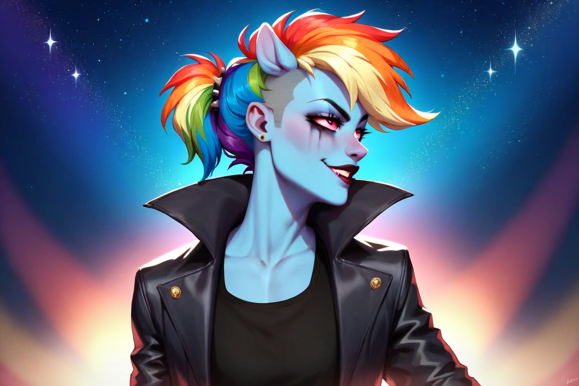 Prompt: Score_9, Score_8_up, Score_7_up, Score_6_up, Score_5_up, Score_4_up, source_cartoon, my little pony  , starry_background, Rainbow dash as a dazzling,  evil wicked Rainbow dash,  MLP, two human girl. Punk clothing.  mlp cartoon art.  pony ears, bright eye makeup looks.  Black clothes, Be1nn1e, black_Lipstick, lips, Standing on a music stage, growling face, blue skin, high_resolution