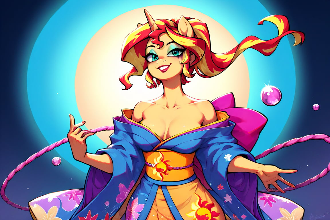 Prompt: Score_9, Score_8_up, Score_7_up, Score_6_up, Score_5_up, Score_4_up, source_cartoon, Japanese girl ART, my little pony , 
sunset_shimmer, j_pop, rave clothing,  1 woman, nightclub_background, spinning, MLP, bright eye makeup looks. kimono_gowns, Be1nn1e, black_Lipstick, lips, one girl, ,japanese_living