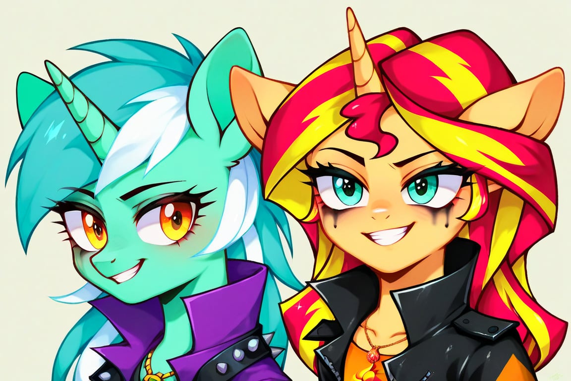 Prompt: Score_9, Score_8_up, Score_7_up, Score_6_up, Score_5_up, Score_4_up, source_cartoon, my little pony, Lyra, Bon Bon,
Sunset Shimmer MLP,  seven human girls.  Punk clothing. mlp cartoon art. pony ears, bright eye makeup looks.  ghetto background, growling, 