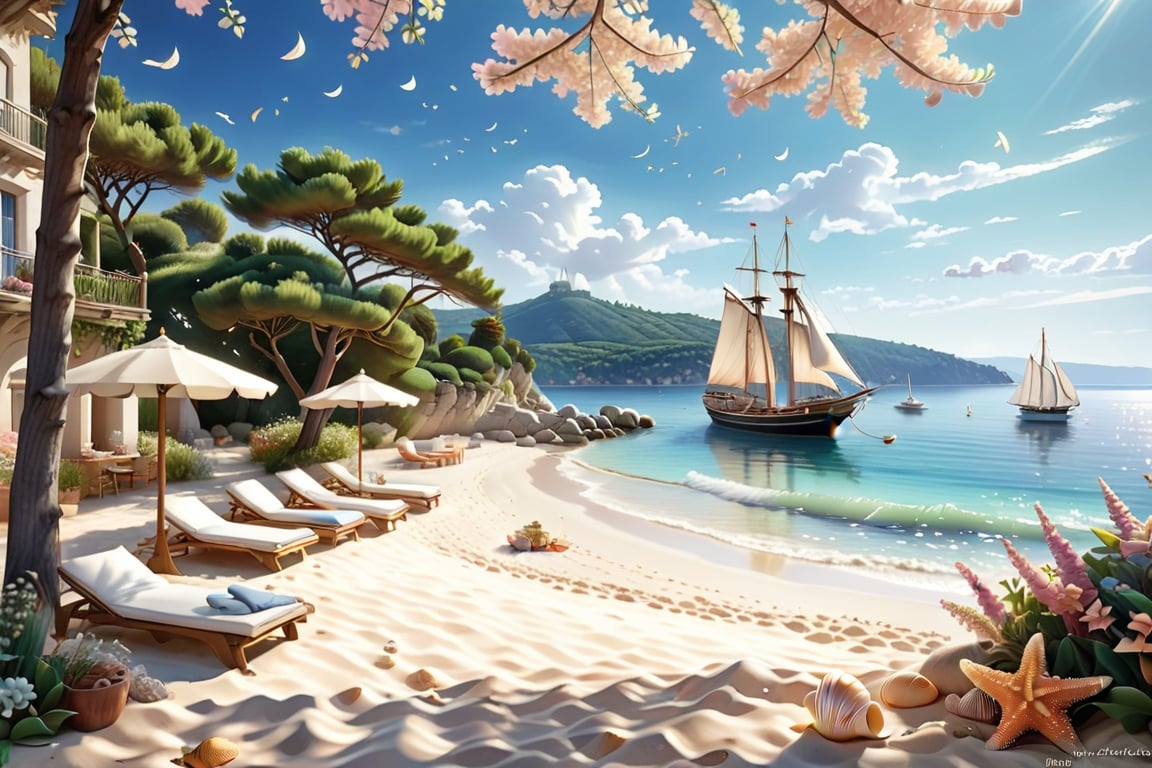 A serene NIzza beach scene unfolds before us. Little apartman house with terrace. Soft white sand stretches beneath the gentle sway of trees, while a family plays and laughs together and sunbathe. In the distance, a majestic sailing ship glides across the calm sea, its sails billowing in the breeze. Blankets scatter the shore, topped with tiny treasures: delicate sea-shells and starfish. The highly detailed landscape, reminiscent of Jean-Jacques Sempé's whimsical illustrations from Petit Nicolas, comes to life in PASTEL SHADES.,3D, score_9_up,3d toon style,realistic,LegendDarkFantasy,Movie Poster,DonM3lv3nM4g1cXL,DonMW15pXL,DonMD0n7P4n1cXL,island