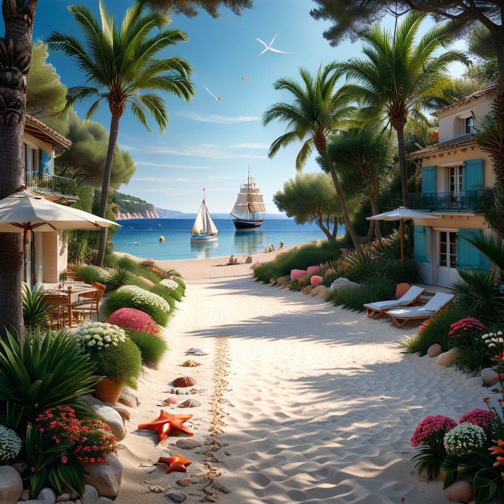 A serene NIzza beach scene unfolds before us. Little apartman house with terrace. Soft white sand stretches beneath the gentle sway of trees, while a family plays and laughs together and sunbathe. In the distance, a majestic sailing ship glides across the calm sea, its sails billowing in the breeze. Blankets scatter the shore, topped with tiny treasures: delicate sea-shells and starfish. The highly detailed landscape, reminiscent of Jean-Jacques Sempé's whimsical illustrations from Petit Nicolas, comes to life in PASTEL SHADES.