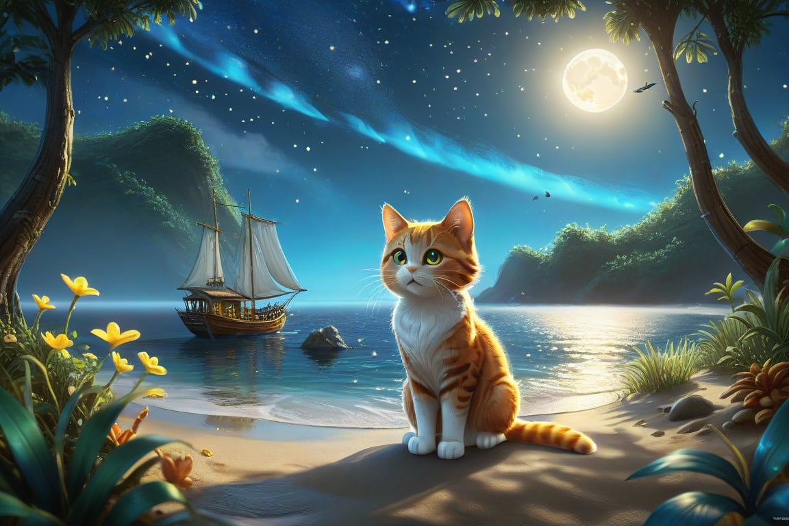 ((ultra ARTISTIC sketch)), (artistic sketch art), A cat close-up portrait at night, fireflies, perfect jungle night view, full moon, glowing effects, shinning stars in the sky, best quality, masterpiece collection, rendered by Nvidia RTX, ray tracing, 24K UHD resolution, extremely high detailed art, a caravan by the beach, mild waves, tropical flowers behind, the sea where the caravan appears. View of the caravan from the outside. muted pastel coloures, sunny, insanely detailed, high resolution mysterious, Breathtaking VieW, Jean-Baptiste Monge, Kukharskiy Igor, Thomas wells schaller style, magical scenery, Nazar Noschenko Modifiers: dof trending on cgsociety fantastic view ultra detailed 4K 3D whimsical Storybook beautifully lit etheral Quirky Exquisite highly intricate stunning color depth outstanding cute illustration cuteaesthetic Boris Vallejo style shadow play The mood is Mysterious and Spellbinding, with a sense of otherworldliness, macro photography style LEONARDO DIFFUSION XL STYLE