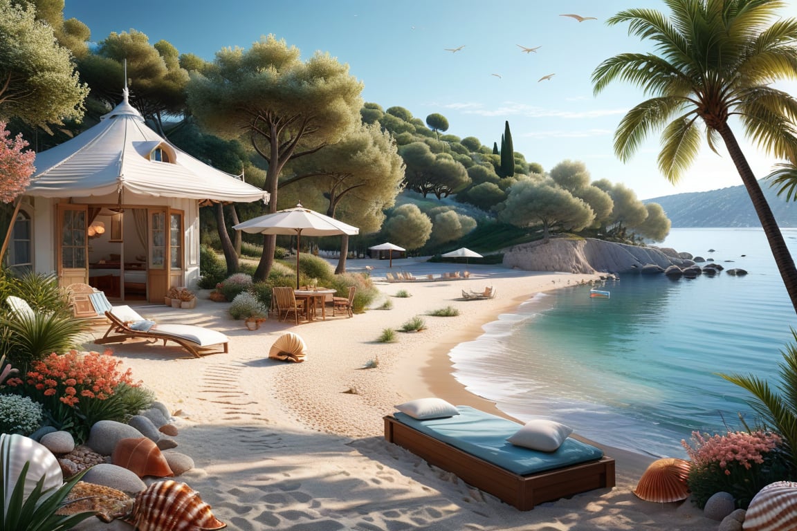 A serene NIzza beach scene unfolds before us. Little apartman house with terrace. Soft white sand stretches beneath the gentle sway of trees, while a family plays and laughs together and sunbathe. In the distance, a majestic sailing ship glides across the calm sea, its sails billowing in the breeze. Blankets scatter the shore, topped with tiny treasures: delicate sea-shells and starfish. The highly detailed landscape, reminiscent of Jean-Jacques Sempé's whimsical illustrations from Petit Nicolas, comes to life in PASTEL SHADES.,3D, score_9_up