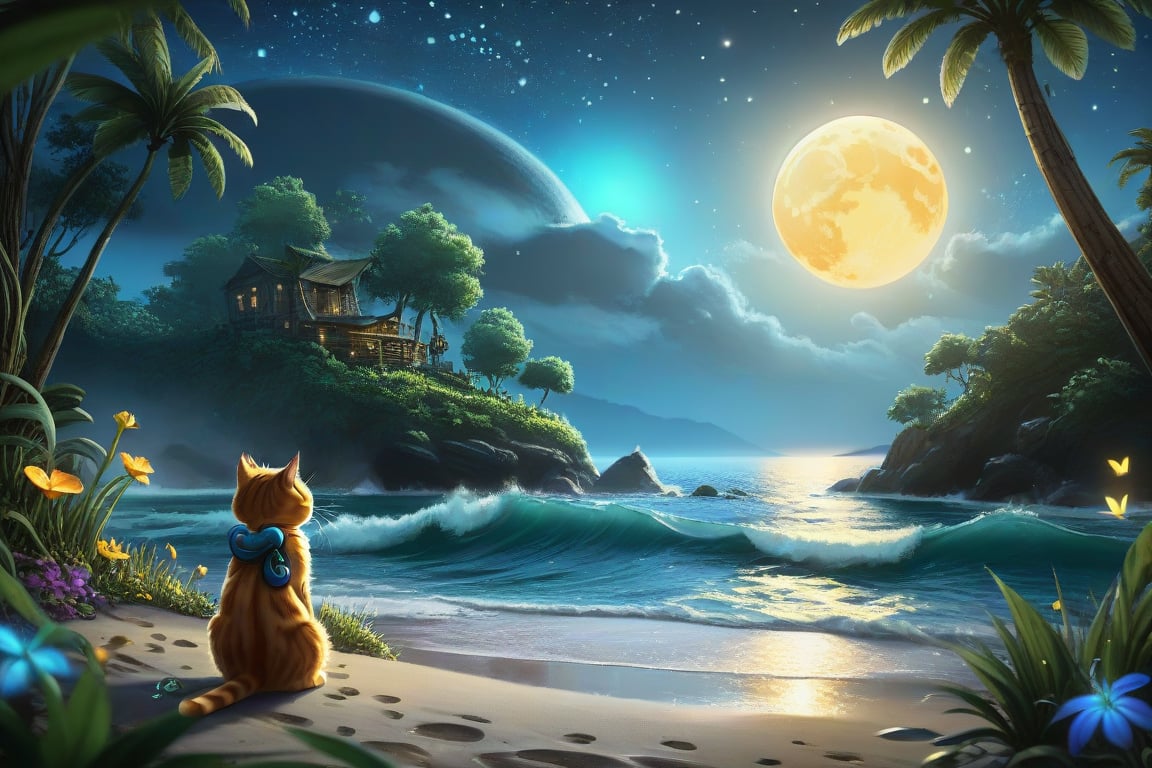 ((ultra ARTISTIC sketch)), (artistic sketch art), A cat close-up portrait at night, fireflies, perfect jungle night view, full moon, glowing effects, shinning stars in the sky, best quality, masterpiece collection, rendered by Nvidia RTX, ray tracing, 24K UHD resolution, extremely high detailed art, a caravan by the beach, mild waves, tropical flowers behind, the sea where the caravan appears. View of the caravan from the outside. muted pastel coloures, sunny, insanely detailed, high resolution mysterious, Breathtaking VieW, Jean-Baptiste Monge, Kukharskiy Igor, Thomas wells schaller style, magical scenery, Nazar Noschenko Modifiers: dof trending on cgsociety fantastic view ultra detailed 4K 3D whimsical Storybook beautifully lit etheral Quirky Exquisite highly intricate stunning color depth outstanding cute illustration cuteaesthetic Boris Vallejo style shadow play The mood is Mysterious and Spellbinding, with a sense of otherworldliness, macro photography style LEONARDO DIFFUSION XL STYLE