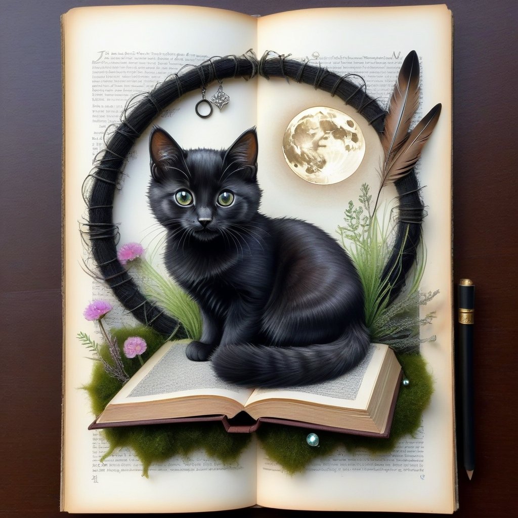 ((ultra realistic photo)), artistic sketch art, Make a little pencil sketch of a CUTE BLACK CAT on an old TORN EDGE BOOK PAGE , art, textures, pure perfection, high definition, feather around, DELICATE FLOWERS, ball of yarn, SHINY COIN, grass fiber on the paper, LITTLE MOON, MOONLIGHT, TINY MUSHROOM, SPIDERWEB, GEM, MOSS FIBER, TEA LEAF , TEALIGHT, DELICATE CELTIC ORNAMENT, BUNCH OF KEYS, detailed calligraphy text, tiny delicate drawings,BookScenic