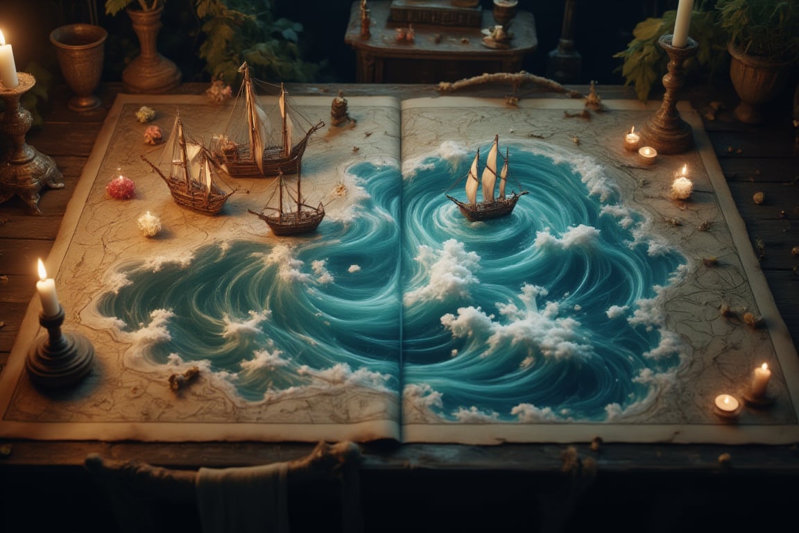 A detailed, magical, handwritten antique map placed on a rustic wooden table. Small, finely drawn sailing ships float on the map’s enchanted clear water ocean, which is swirling waving with glowing, magical clear blue water. A single, dim candle burns beside the map, casting flickering shadows, enhancing the mystical atmosphere. The sea on the map appears alive, its waves shimmering with arcane light, as if holding ancient secrets. The entire scene feels like a portal to a magical, forgotten world. Some dust particles that twinkle in the light, creating a magical ambiance, enhancing the magical atmosphere.