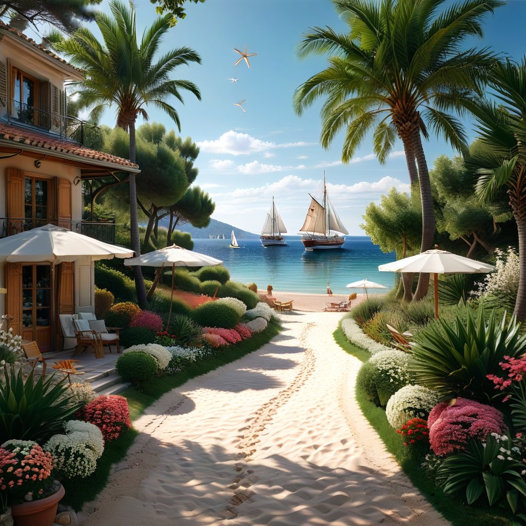 A serene NIzza beach scene unfolds before us. Little apartman house with terrace. Soft white sand stretches beneath the gentle sway of trees, while a family plays and laughs together and sunbathe. In the distance, a majestic sailing ship glides across the calm sea, its sails billowing in the breeze. Blankets scatter the shore, topped with tiny treasures: delicate sea-shells and starfish. The highly detailed landscape, reminiscent of Jean-Jacques Sempé's whimsical illustrations from Petit Nicolas, comes to life in PASTEL SHADES.